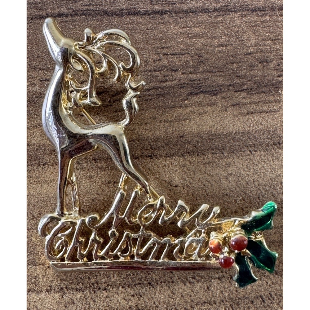Merry Christmas Santa Brooch Gold Tone Holly Red Berries Enamel Holiday Pin